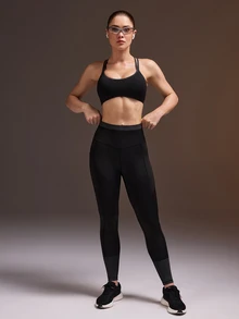 Powerista 女款黑灰色拼接中強度支撐加墊運動內衣，適合瑜伽、跑步、健身、皮拉提斯，時尚百搭，春夏穿搭 - 黑色 - 查看 5