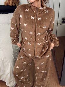 Napfluff Autumn/Winter Plush Stand Collar Zipper Cardigan With Double Pockets And Bow Print Long Sleeve Long Pants Women's Pajama Set - Brown - View 4