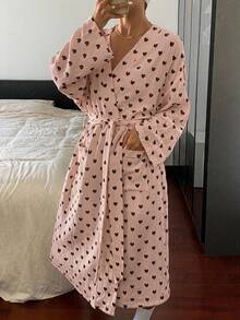 Livesso 女款長版開襟心形印花家居袍 秋季 - 粉色 - 查看 4