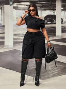 Slaydiva High Waist Loose Asymmetrical Patchwork Plus Size Denim Shorts - Dark Grey - View 8