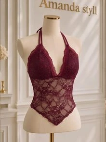 GlowEve Áo camisole ren dây mảnh màu đỏ rượu vang xuân/hè, cổ V sâu, eo xuyên thấu ôm sát, gấu bất đối xứng, áo mặc trong, trang phục hẹn hò, phong cách gợi cảm Pure Desire - Màu Đỏ Sâu - Xem 3