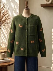 Rusticease Plus Size Army Green Ribbed Button Front Embroidered Round Neck Long Sleeve Cardigan Cozy Elegant Fall Winter 2026 - Army Green - View 9