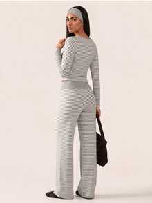 SHEIN BAE Women's Striped Long Sleeve T-Shirt And Pants Sports Set - Light Grey - View 2