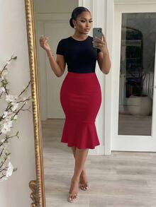 SHEIN Lady CURVE 大尺碼優雅通勤純色魚尾裙 - 紅色 - 查看 6