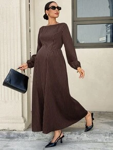 MaterniWear Maternity Fashion Commuter Striped Dress Fall - Coffee - View 4