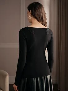 Anewsta Elegant Romantic Fitted Long Sleeve Hollow Lace Collar Commuter Sweater For Women - Black - View 7