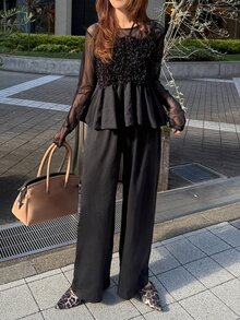 FRIFUL Women's Autumn Solid Color Contrast Mesh & Fur Fabric Long Pants 2 Pieces Set - Black - View 3