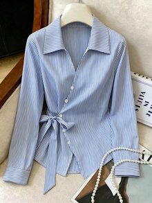 SHEIN Fashionable Elegant Lapel Ribbon Waist-Cinching Button Decor Daily Wear Date Casual Blouse Women's Outing Top - Blue - View 4