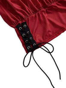 ROMWE Street Life Women's Spring/Summer Sporty Street Style Digital Print Drawstring Design Contrast Color Halter Tank Top - Burgundy - View 4