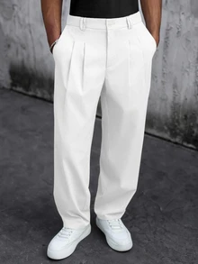 SLATEMANN Men's Solid Color Pleated Casual Versatile Daily Travel Long Pants - White - View 6