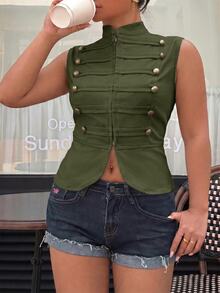 Muchica Vintage Green Casual Plus Size Women's Zipper Front Napoleon Vest Jacket - Fresh Green - View 3