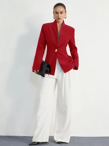 Aveloria Modichic Blazer Wanita Gaya Eropa & Amerika Terbaru, Serbaguna, Elegan, Minimalis, Cocok untuk Komuter, Dekorasi Gesper Logam, Warna Solid, Desain Tanpa Kerah Premium - Burgundy - View 3