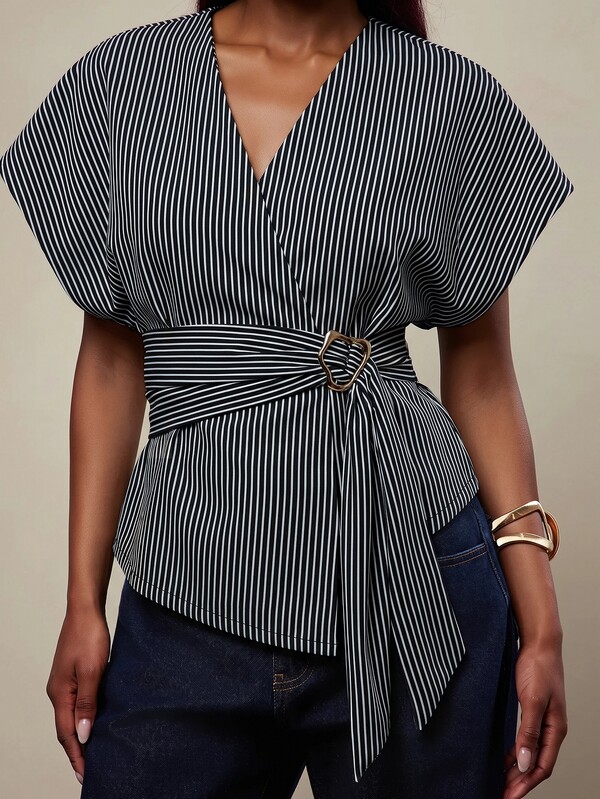 NYA SZN Women's V-Neck Striped Casual Versatile Everyday Top