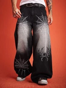 ROMWE MEN Street Life Men's Spider Pattern Casual Daily Wear Jeans - Black - View 5