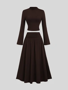 Sweetra Women's New Spring Summer Autumn Winter Outfit Half-High Neck Solid Color Top And Ruched Waist Skirt Set, Suitable For Travel, Commuting, Shopping, Dating, Dining, Versatile 2-Piece Set - Brown - View 7