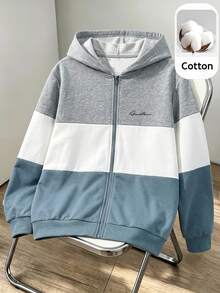 SHEIN 青少年男孩休閒字母圖案拼色連帽衛衣，適合秋冬返校季 - 彩色 - 查看 5