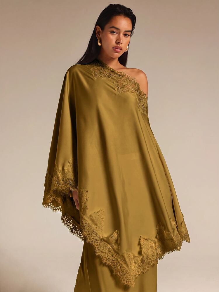 COSMINA Áo blouse thời trang nữ màu xanh ô liu trơn phối ren tương phản, gấu không đối xứng, phong cách thanh lịch quyến rũ lãng mạn cho tiệc tùng, đi chơi tối, hẹn hò, ăn tối và cocktail mùa thu - Màu vàng - Xem 3