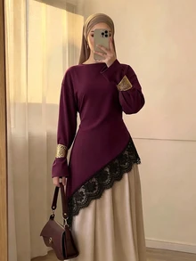 Celisse Atasan Wanita Lengan Panjang Model Longgar dengan Hem Asimetris dan Hiasan Renda, Model Baru untuk Awal Musim Gugur - Burgundy - View 1