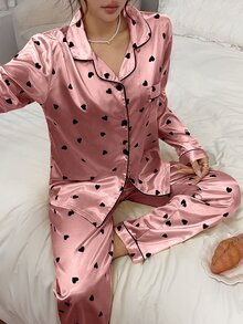 Napfluff Faux Silk Printed Heart Long Sleeve Pants Loungewear - Coral Pink - View 6