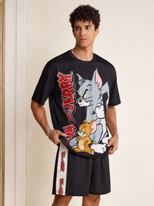 TOM & JERRY X SHEIN Men's Cartoon Print Short Sleeve T-Shirt And Pocket Shorts Set - Black - View 4