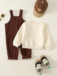 SHEIN 男嬰熊刺繡吊帶褲 + 秋季運動衫 2件套 - 彩色 - 查看 2