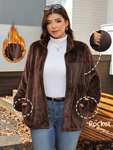 Comfylo Plus Size Casual Reversible Fleece Patchwork Jacket For Winter Winter Clothes - Brown - View 4