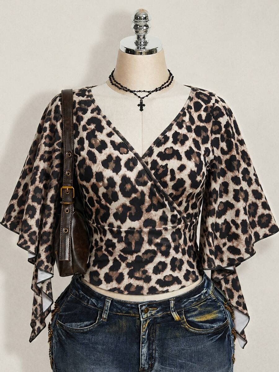 SHEIN ICON Plus Size Women's Leopard Print Ruffle Sleeve Fashion T-Shirt - Multicolor - View 1