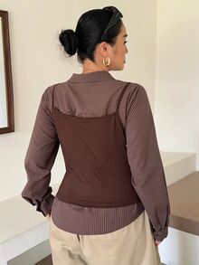 Dazy Plus Striped Fitted Waist Long Sleeve Shirt & Slim Camisole Casual Sexy Top 2 Pieces Set, Spring/Autumn - Brown - View 2