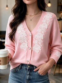 Easura Plus Size Gentle Style Lace Patchwork V-Neck Cardigan Winter - Pink - View 1