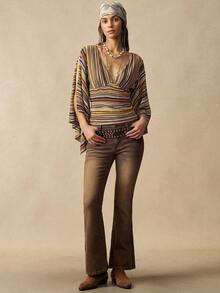 Bohemela Women's Vintage Brown Striped V-Neck T-Shirt With Split Flared Sleeves For Fall, Perfect For Vacations And Going Out - Multicolor - View 3