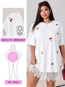 Solflare White Lace Patchwork Cherry Embroidery Plus Size Dress - White - View 1