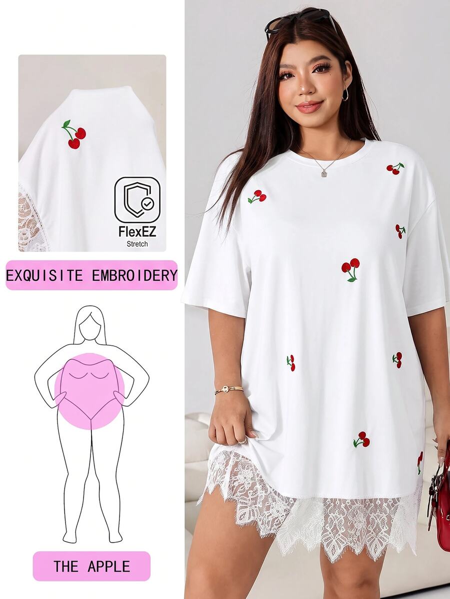 Solflare White Lace Patchwork Cherry Embroidery Plus Size Dress - White - View 1