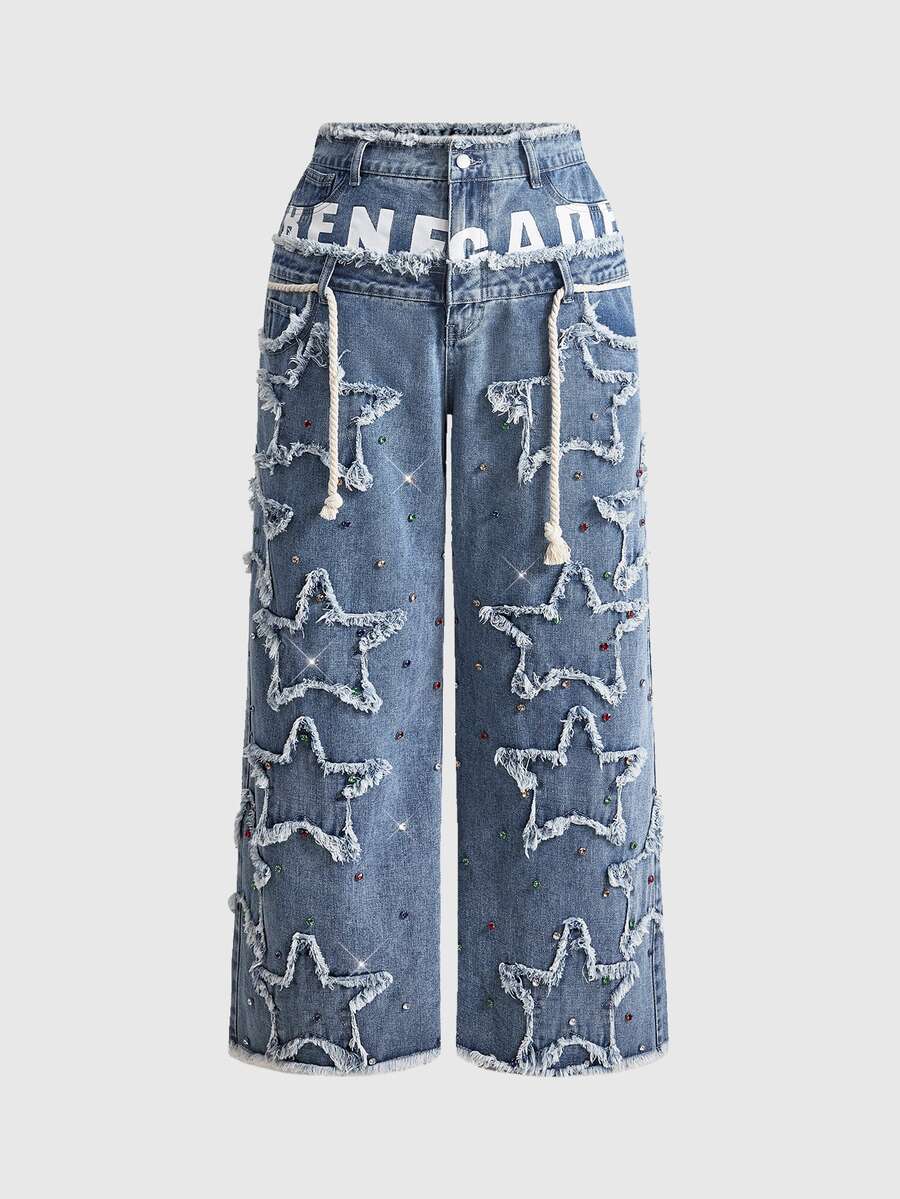 ROMWE Street Life Plus Size Women Streetwear Double Waistband PUNK Star Patchwork Denim Wide Leg Pants - Blue - View 1