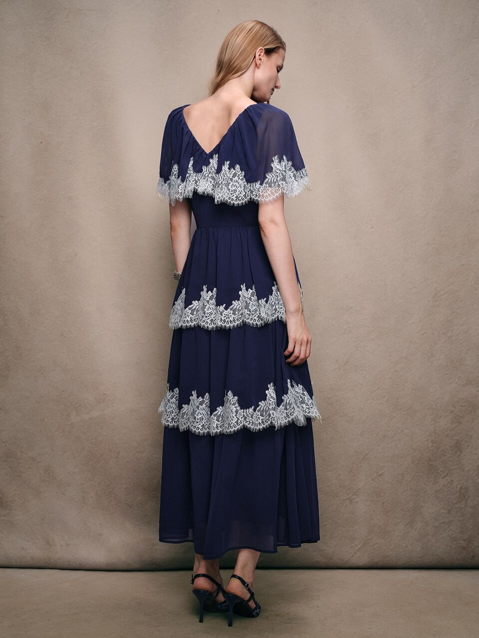 Spring/Summer Gentle Beach Chiffon V-Neck Lace Layered Navy Blue Dress For Women
