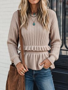 LanaWest Sweater Kasual Wanita untuk Liburan dengan Hiasan Rumbai di Bagian Bawah - Khaki - View 3