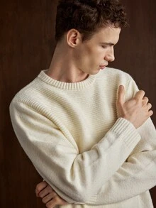 Manfinity CityGents Old Money 男士休閒純色圓領落肩長袖針織衫，秋冬款 - 米色 - 查看 7