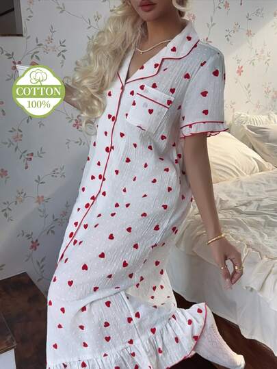 CottageSlumber Vestido de punto de manga corta 100% algodón puro blanco con solapa calada, corazón romántico y bajo con volantes, ropa de estar en casa para mujer
