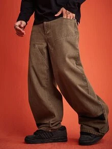 ROMWE MEN Street Life Celana Jeans Pria Kasual Model Lebar dengan Potongan Warna Blok dan Patchwork - Coffee Brown - View 6