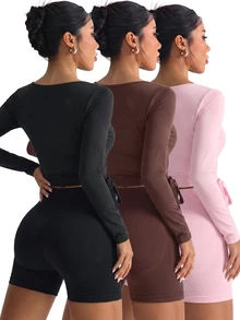 SHEIN Velisys Spring/Summer Girls Fashion Hot-Selling Solid Color 3 Pieces Set Sports Long Sleeve Tank Top T-Shirt - Multicolor - View 4