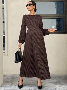 MaterniWear Maternity Fashion Commuter Striped Dress Fall - Coffee - View 2