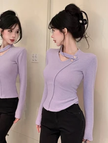 Joudiya Women's Elegant Solid Color Long Sleeve T-Shirt, Autumn - Purple - View 8