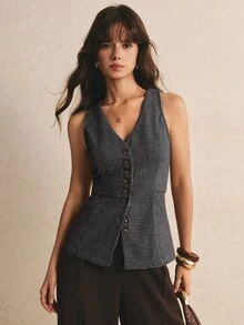 Poéselle Elegant Vintage Tweed Fabric Vest - Dark Grey - View 7