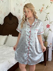 CottageSlumber Cherry Striped Print Faux Silk Shirt Style Plus Size Nightgown - Multicolor - View 1