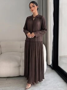 Yasmyna Women's Solid Color Ruffle Tie Neck Long Sleeve Elegant Arabian Dress - Brown - View 6