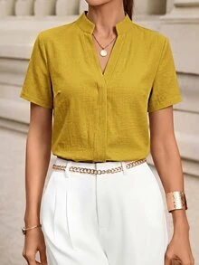 Editum Women's Short-Sleeved Mandarin Collar Linen-Like Tank Top, Versatile And Slimming For Commuting - Yellow - View 7