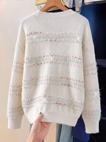 GlowEve CURVE V-Neck Wavy Colorful Striped Loose Single-Breasted Long Sleeve Cardigan - White - View 2