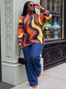 Slaydiva Sweater Rajut Wanita Ukuran Besar, Atasan Pullover Lengan Panjang Longgar Kerah Tinggi Motif Retro Bergelombang Blok Warna untuk Musim Dingin - MultiWarna - View 4