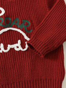 SHEIN Baby Boy Baby Girl Baby Boy Red Dinosaur Pattern Crew Neck Long Sleeve Pullover Sweater, Versatile And Comfortable For Autumn/Winter, Suitable For Christmas - Burgundy - View 5
