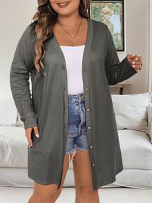 Vionelle Plus Size Autumn Casual Solid Color Jacket Fall - Grey - View 7