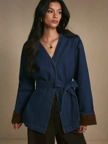 Poéselle Women's Casual Denim Jacket With Belt, Autumn - Dark Wash - View 4